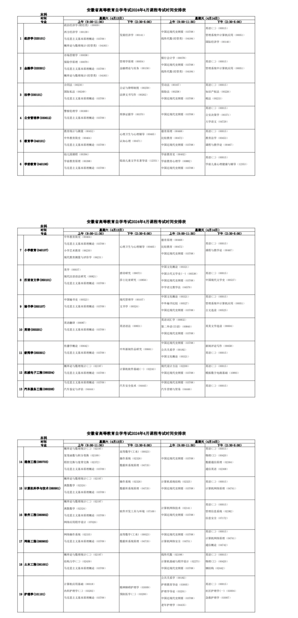 2024年4月安徽省自考考试安排 2024年4月安徽省自考考试安排