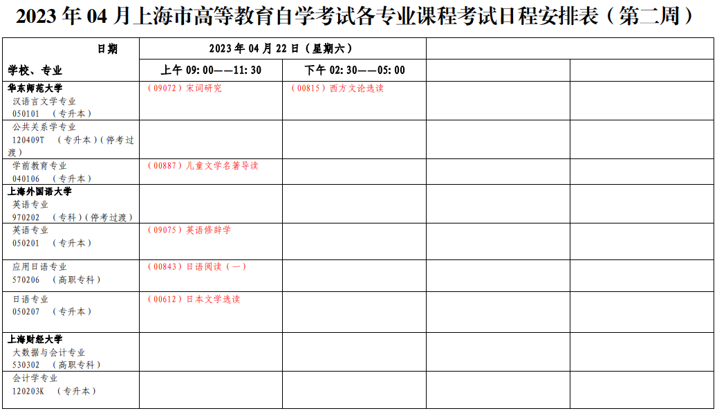 2023年4月上海市松江区自学考试考试安排 2023年4月上海市松江区自学考试考试安排