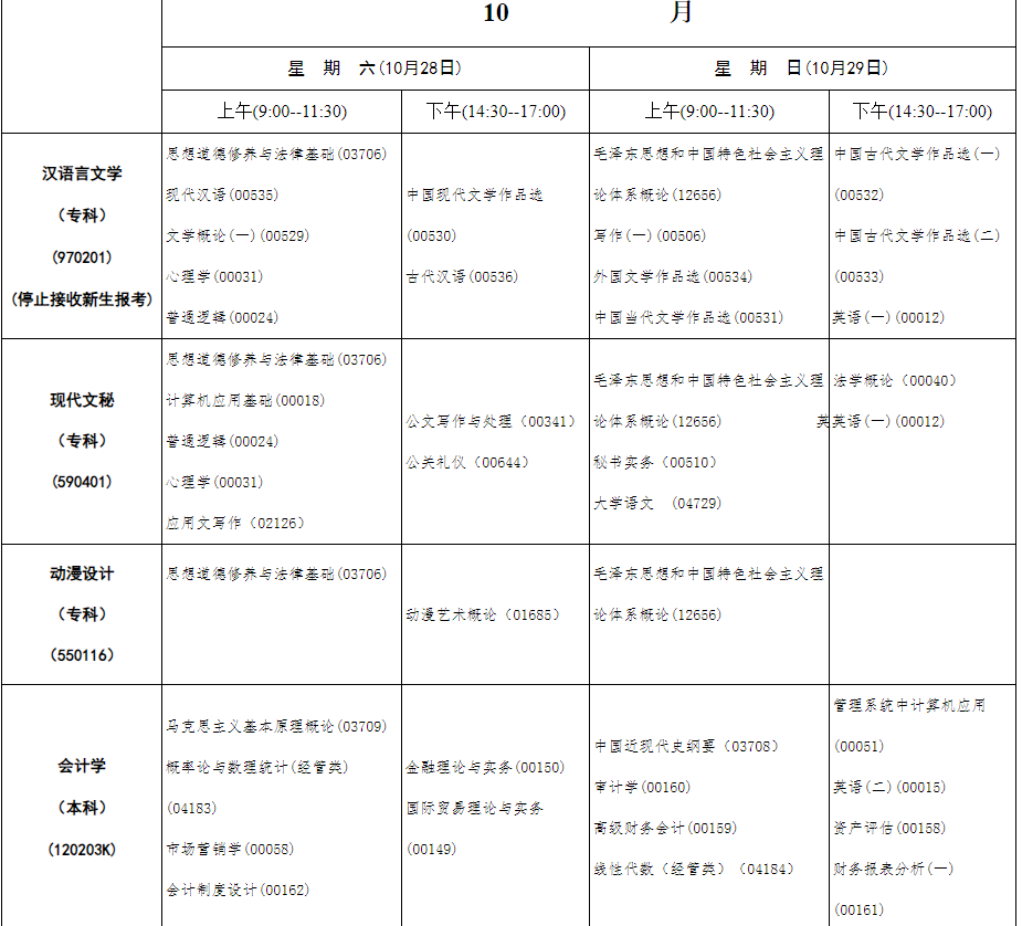 2023年10月内蒙古自学考试考试安排 2023年10月内蒙古自学考试考试安排
