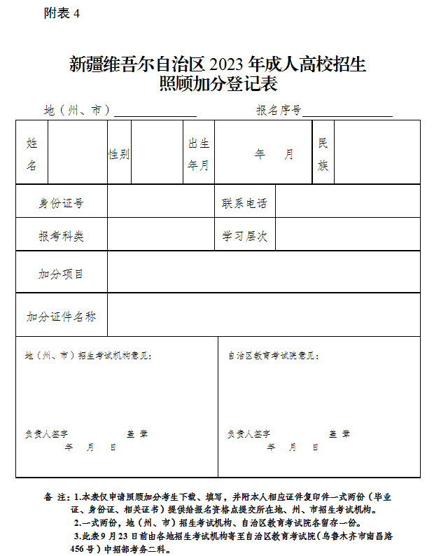 新疆维吾尔自治区2023年成人高校招生照顾加分登记表 新疆维吾尔自治区2023年成人高校招生照顾加分登记表