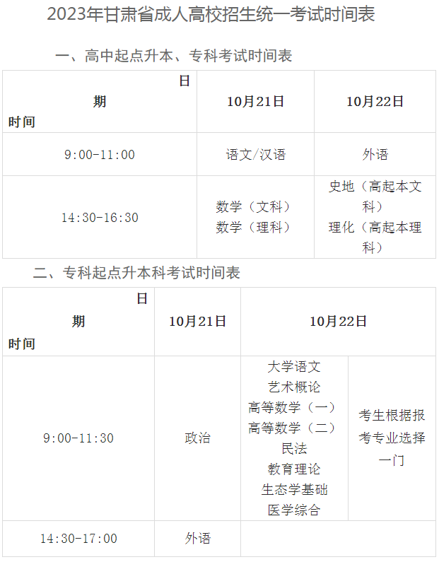 2023年10月甘肃省成人高考考试时间:10月21日至10月22日 2023年10月甘肃省成人高考考试时间:10月21日至10月22日