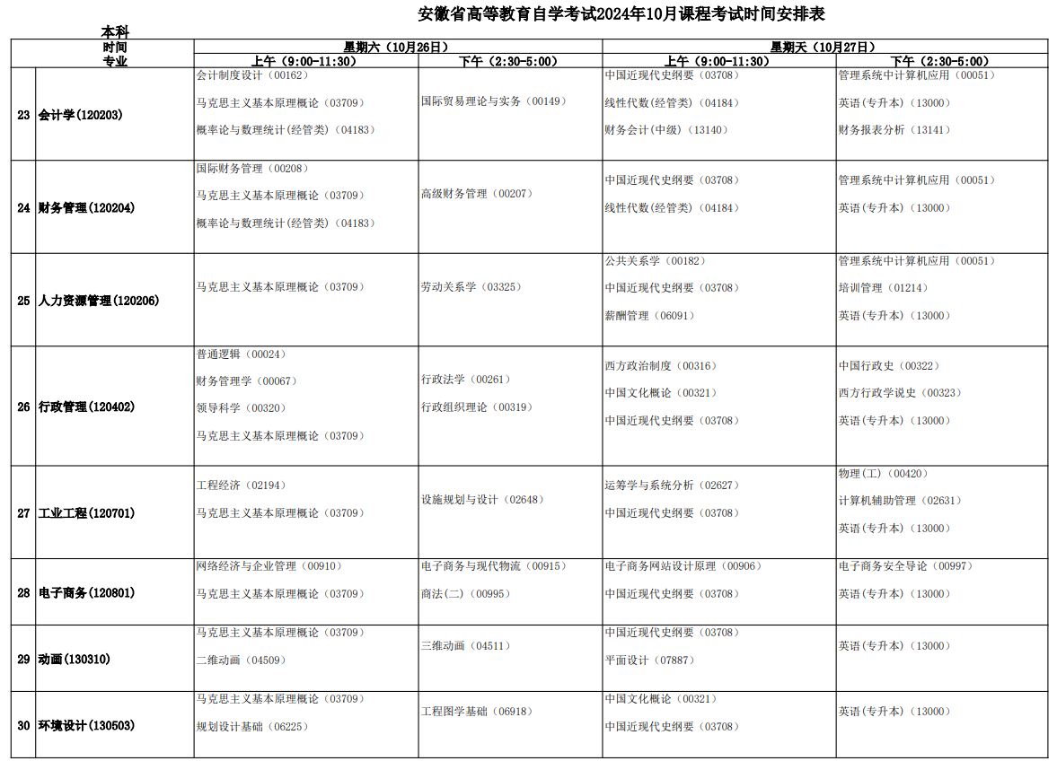 2024年10月安徽省自考考试安排 2024年10月安徽省自考考试安排