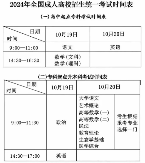 2024国家成人高考考试时间安排? 2024国家成人高考考试时间安排?