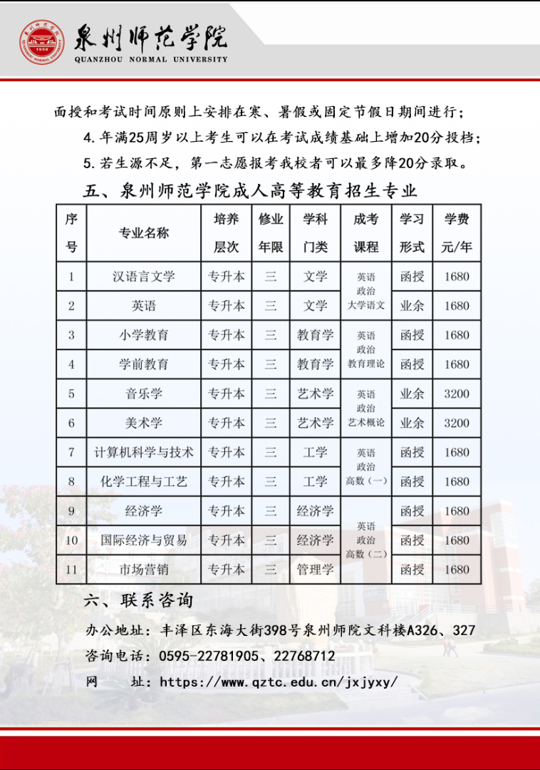 泉州师范学院2024年成人高等教育招生简章