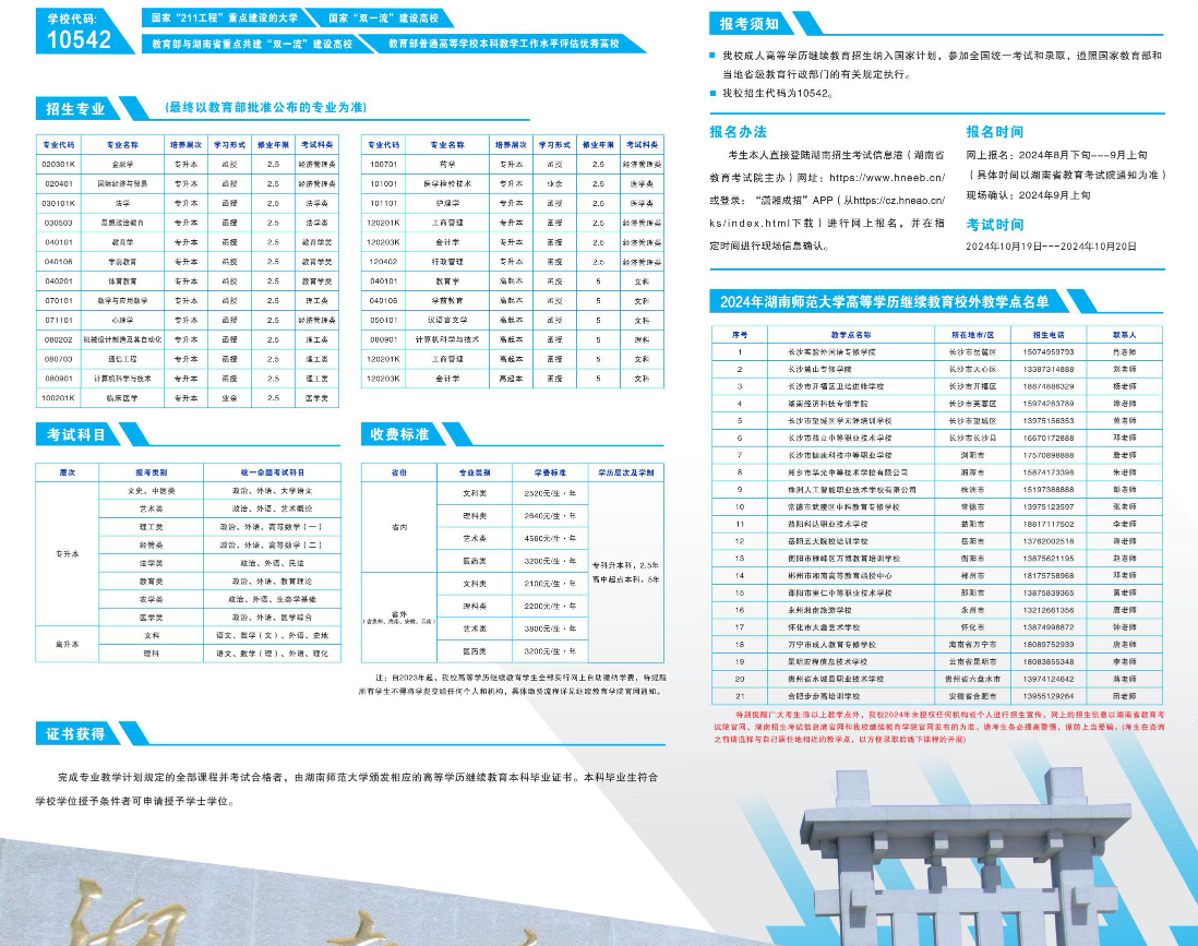 湖南师范大学2024年高等学历继续教育招生简章