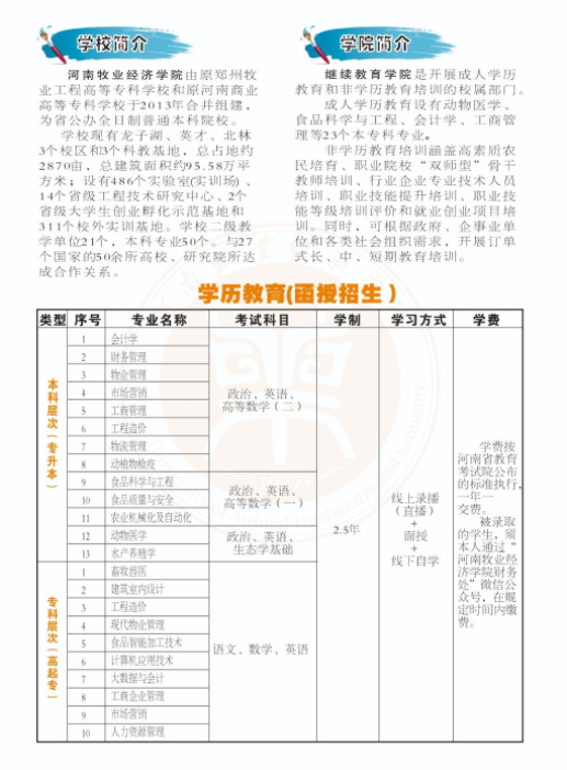河南牧业经济学院2024年成人高等教育招生简章