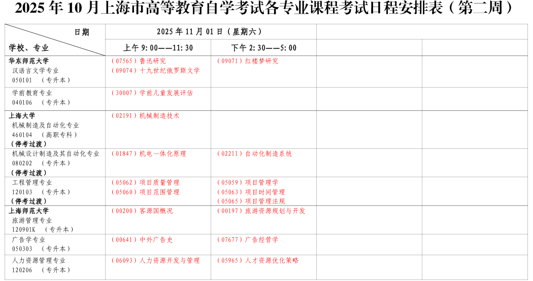 2025年10月上海市崇明区自考考试安排 2025年10月上海市崇明区自考考试安排
