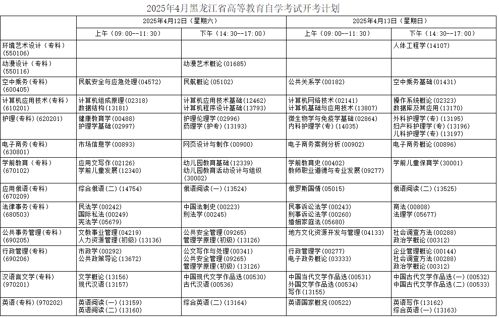 2025年4月黑龙江省自考考试安排 2025年4月黑龙江省自考考试安排