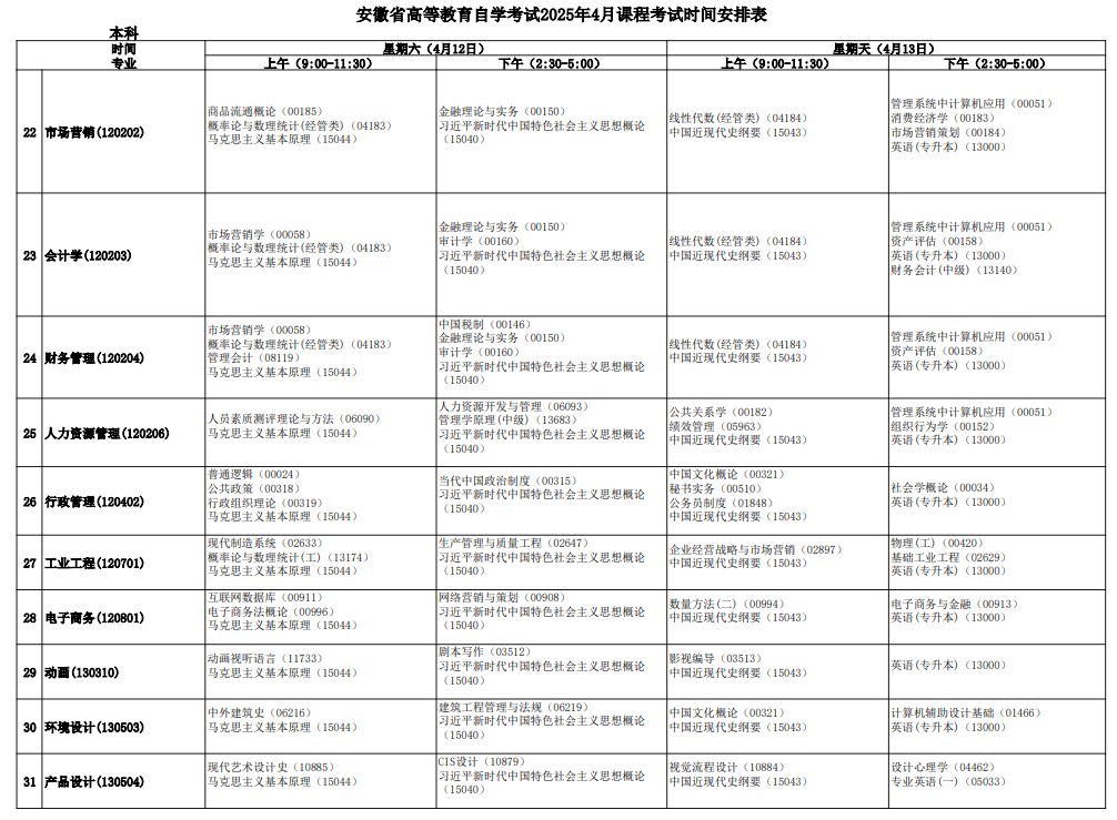 2025年4月安徽省自考考试安排 2025年4月安徽省自考考试安排