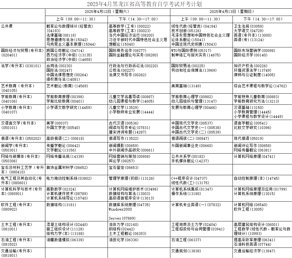 2025年4月黑龙江省自考考试安排 2025年4月黑龙江省自考考试安排