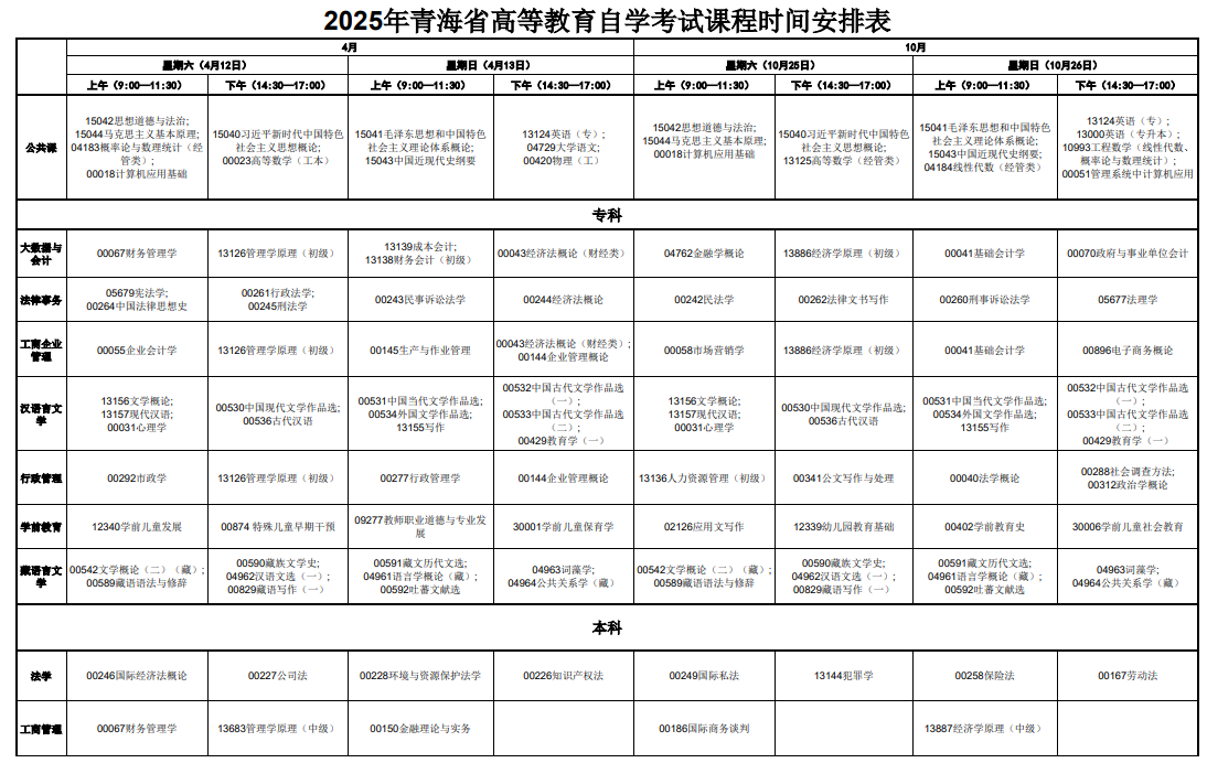 2025年4月青海省自考考试安排 2025年4月青海省自考考试安排