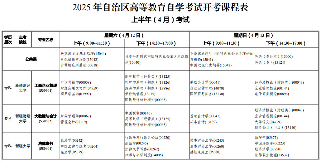 2025年4月新疆自考考试安排 2025年4月新疆自考考试安排