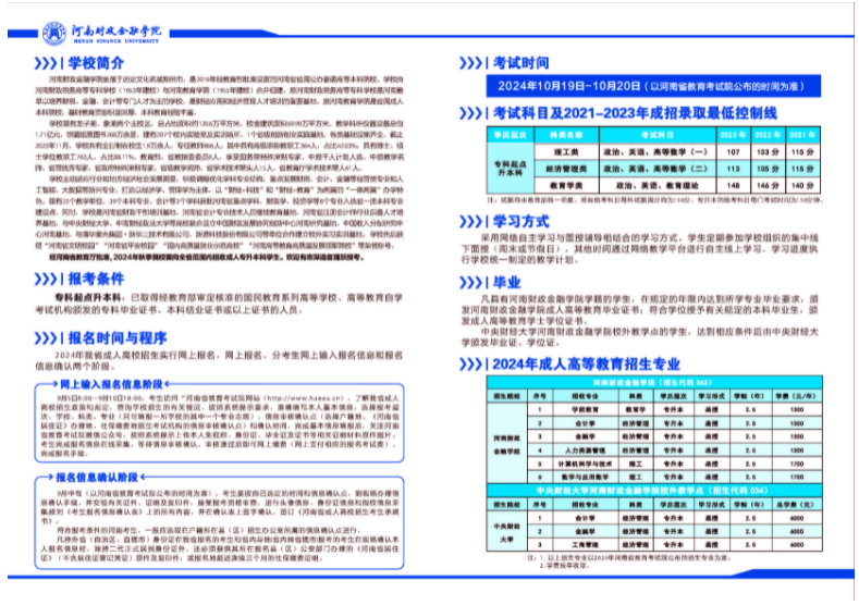河南财政金融学院继续教育学院2024年成人高招招生简章