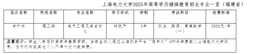 上海电力大学高等学历继续教育2025年招生简章预通知(福建省) 上海电力大学高等学历继续教育2025年招生简章预通知(福建省)