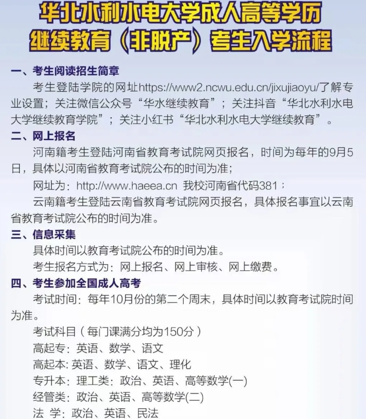 2025年华北水利水电大学高等学历继续教育（非脱产）招生简章