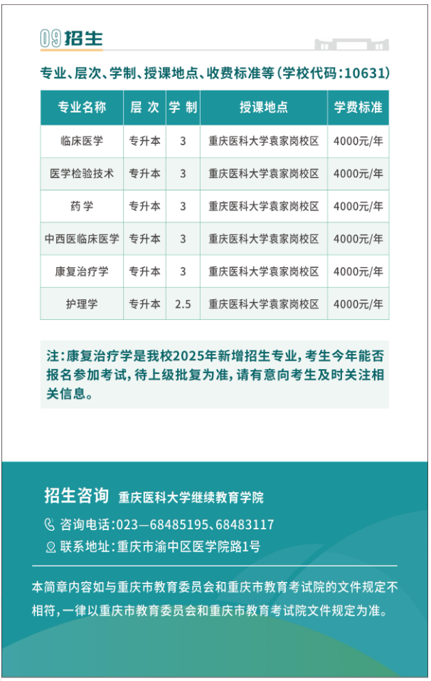 重庆医科大学2025年成人高等教育招生简章