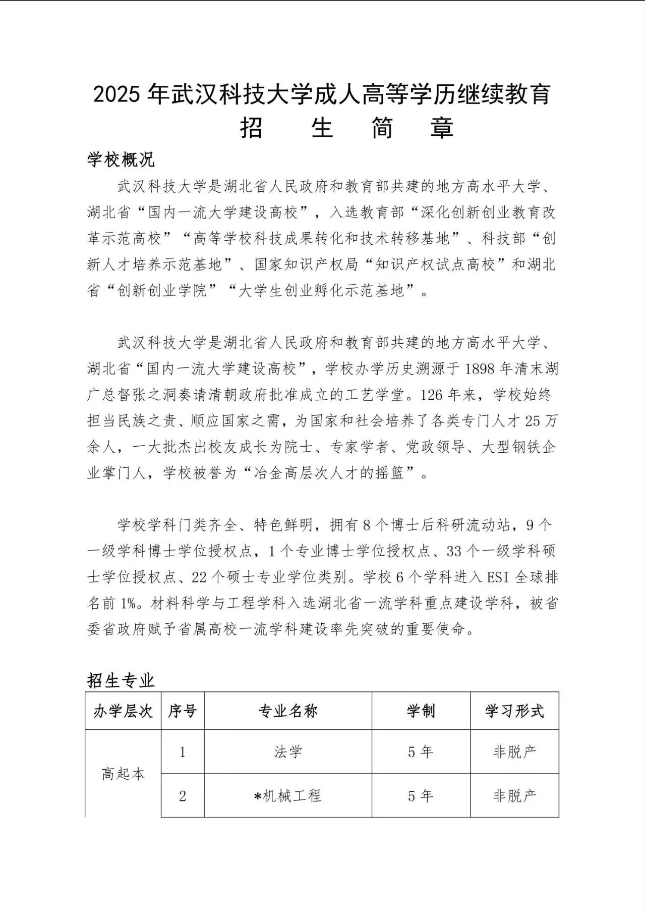 2025年武汉科技大学成人高等学历继续教育招生简章