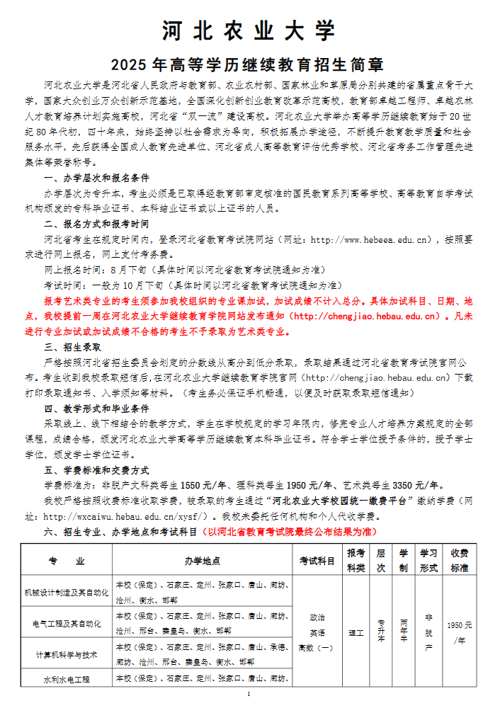 河北农业大学2025年高等学历继续教育招生简章