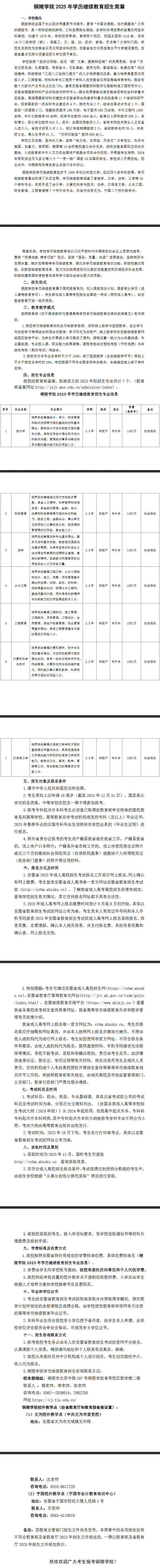 铜陵学院2025年学历继续教育招生简章