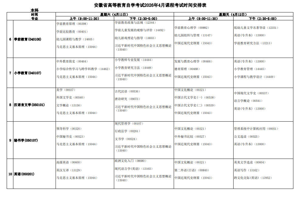 2026年4月安徽省自考考试安排 2026年4月安徽省自考考试安排