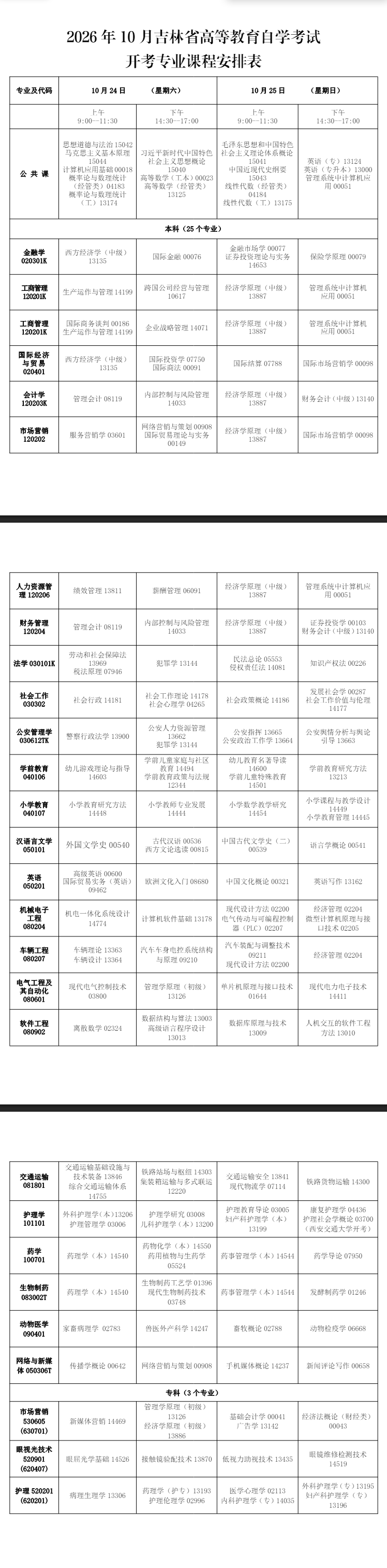 2026年10月吉林省自学考试开考课程考试安排 2026年10月吉林省自学考试开考课程考试安排