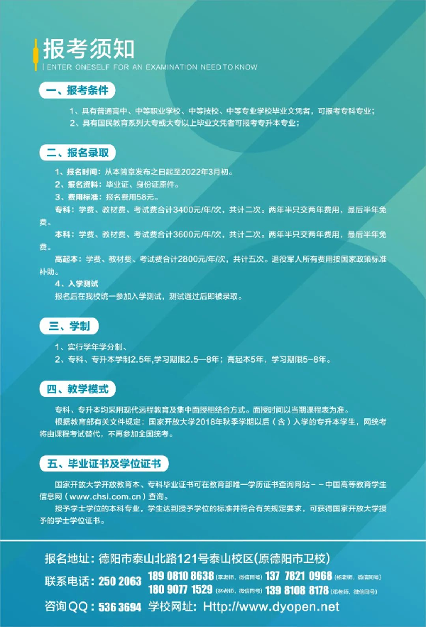 2022年德阳开放大学（绵竹分校）春季招生简章