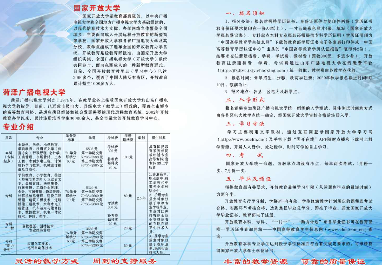 山东菏泽开放大学2020年秋季招生简章