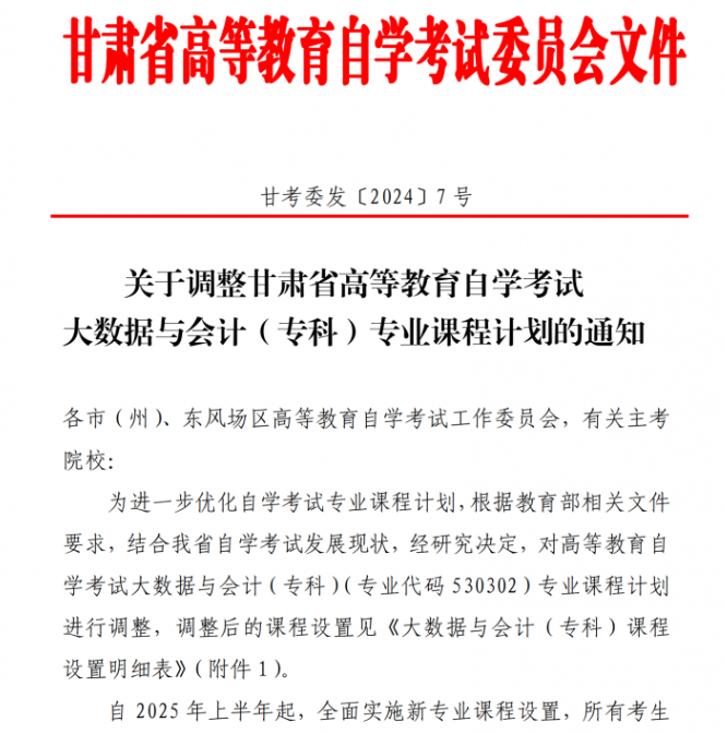 关于调整甘肃省高等教育自学考试大数据与会计(专科)专业课程计划的通知 关于调整甘肃省高等教育自学考试大数据与会计(专科)专业课程计划的通知