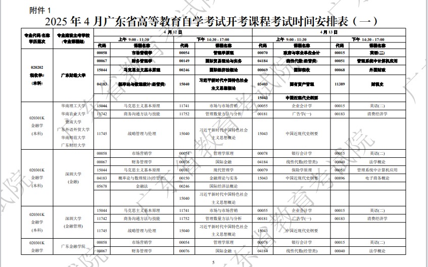 2025年4月广东省自考考试安排 2025年4月广东省自考考试安排