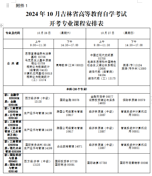 2024年10月吉林省自学考试考试安排 2024年10月吉林省自学考试考试安排