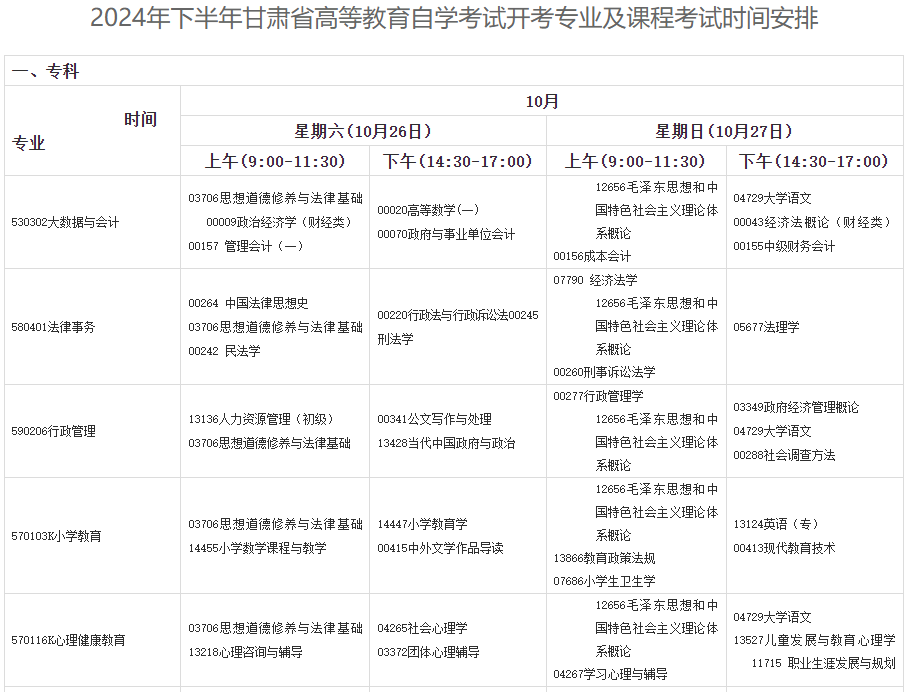 2024年10月甘肃自考考试安排 2024年10月甘肃自考考试安排