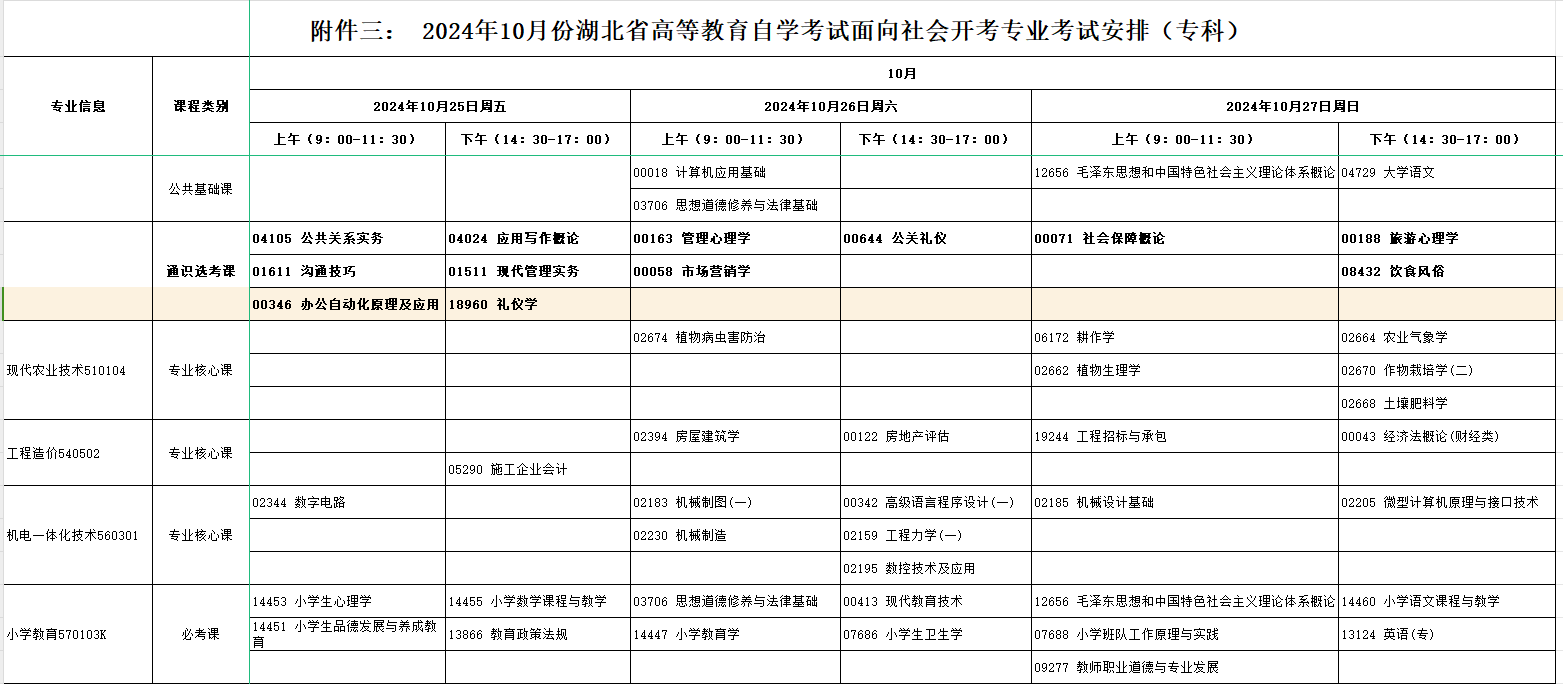 2024年10月湖北省自学考试考试安排 2024年10月湖北省自学考试考试安排