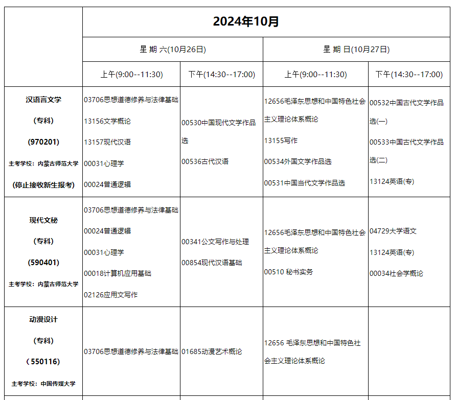 2024年10月内蒙古自治区高等教育自学考试笔试课程考试时间安排表及实践课考试安排 2024年10月内蒙古自治区高等教育自学考试笔试课程考试时间安排表及实践课考试安排