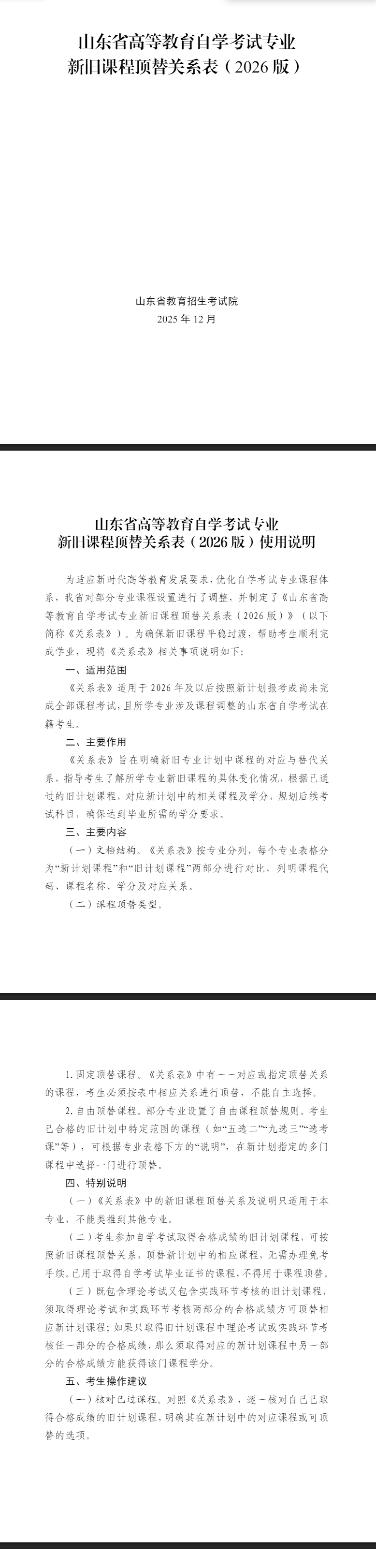 山东省高等教育自学考试专业新旧课程顶替关系表(2026版) 山东省高等教育自学考试专业新旧课程顶替关系表(2026版)