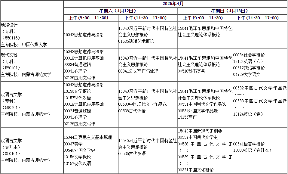 2025年4月内蒙古自学考试考试安排 2025年4月内蒙古自学考试考试安排