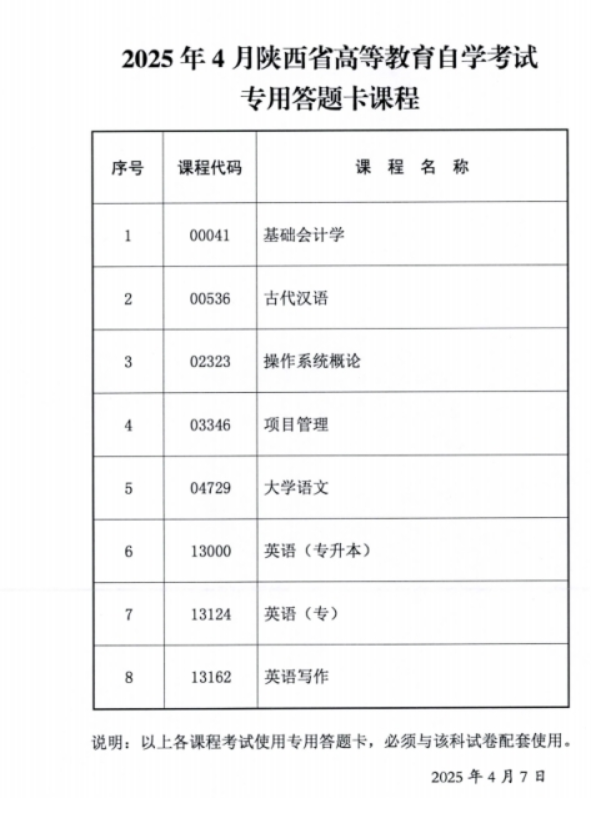 2025年4月陕西省高等教育自学考试传统卷课程、专用答题卡课程信息 2025年4月陕西省高等教育自学考试传统卷课程、专用答题卡课程信息