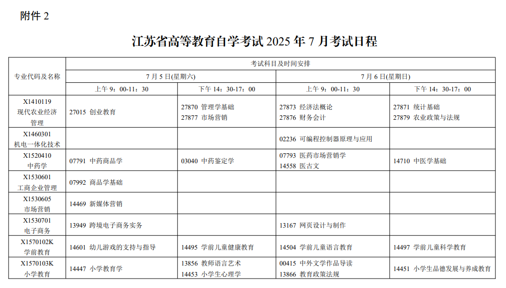 2025年7月江苏省自学考试考试安排 2025年7月江苏省自学考试考试安排