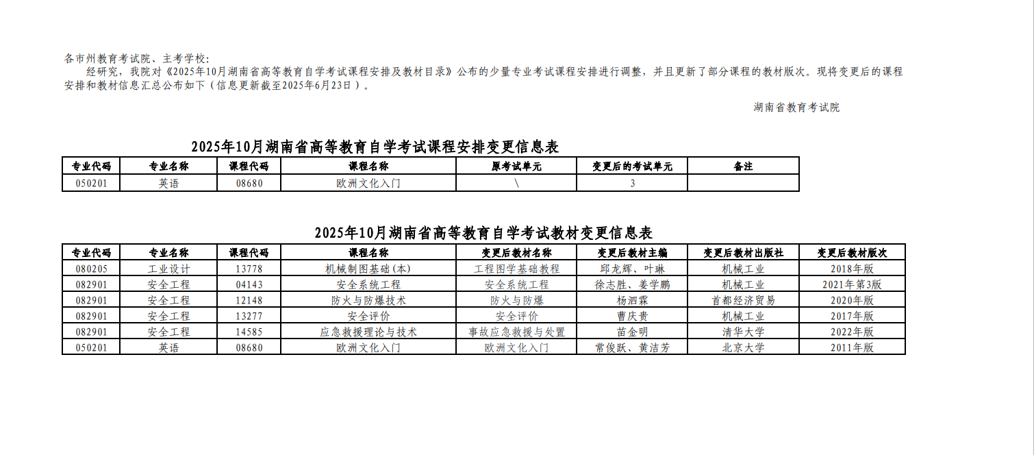 湖南省2025年10月高等教育自学考试课程安排和教材变更汇总表 湖南省2025年10月高等教育自学考试课程安排和教材变更汇总表