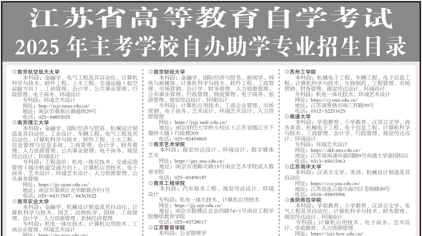 江苏省高等教育自学考试2025年主考学校自办助学专业招生目录 江苏省高等教育自学考试2025年主考学校自办助学专业招生目录