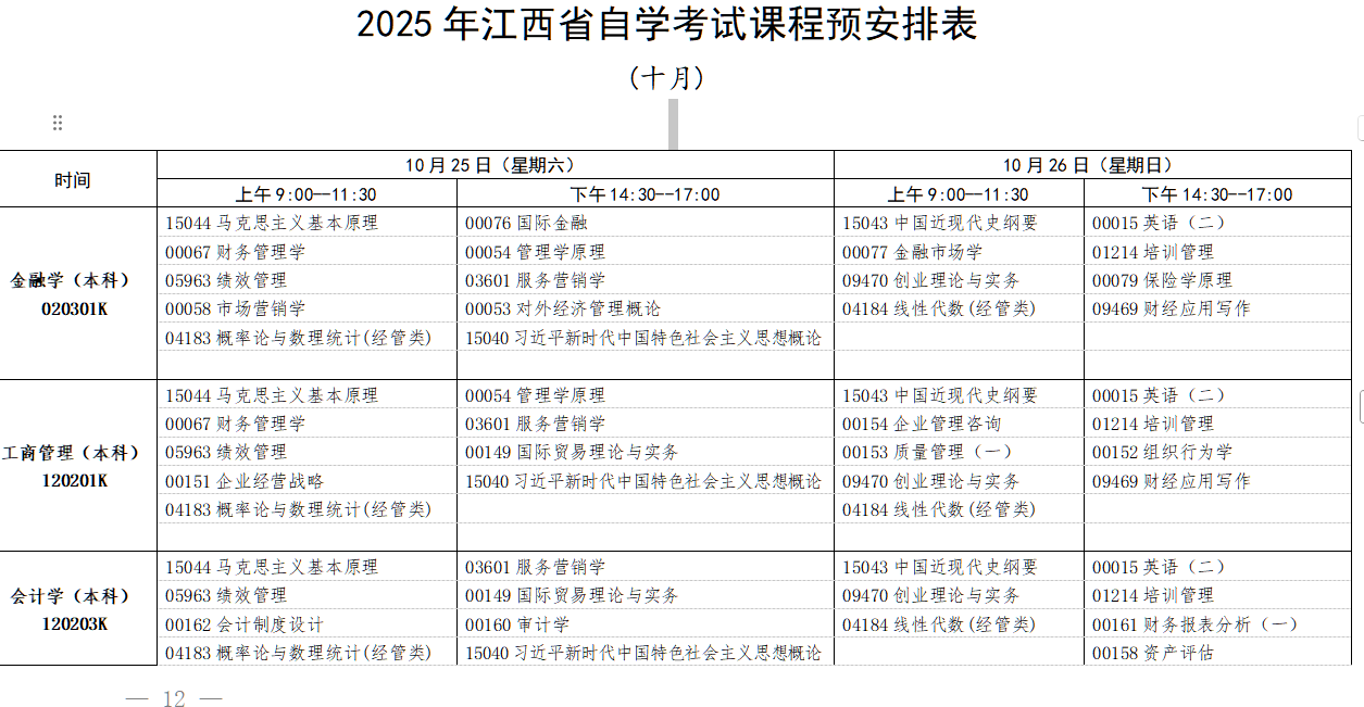 2025年10月江西省上饶市自学考试考试安排 2025年10月江西省上饶市自学考试考试安排