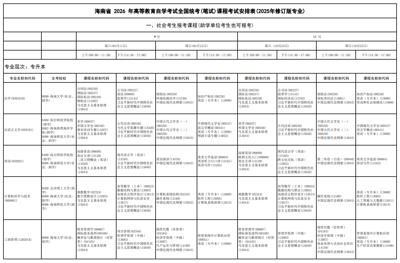 2026年4月海南省海口市自学考试考试安排
